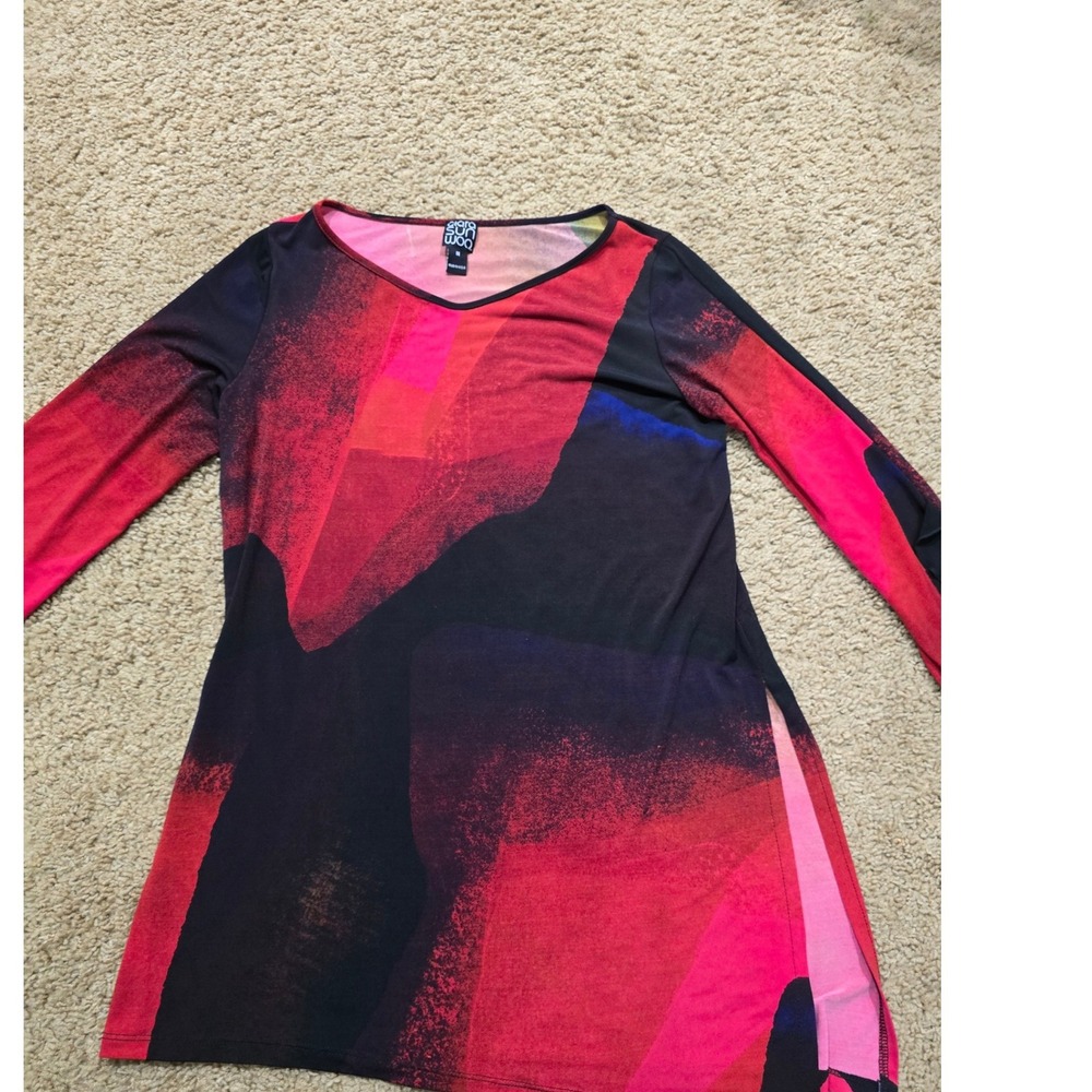 Clara Sunwoo Abstract Print V-Neck Tunic Top Red Pink Black Women Size M USA - Picture 2 of 10